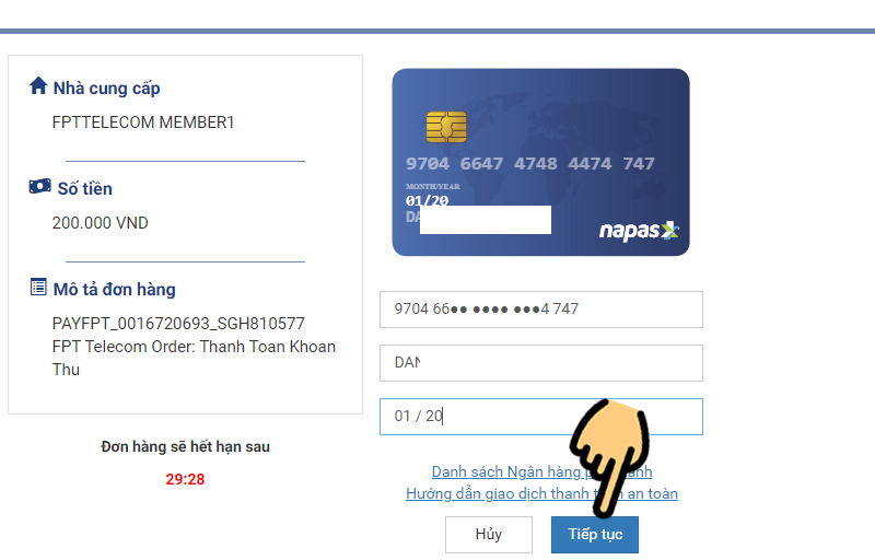 Hướng dẫn cách đóng tiền mạng/ thanh toán hóa đơn FPT 12 Đóng Tiền Mạng Bước 4