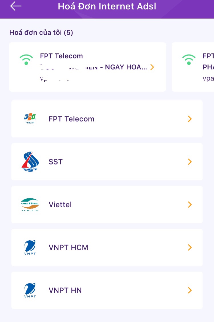 Hướng dẫn cách đóng tiền mạng/ thanh toán hóa đơn FPT 6 Chọn nhà cung cấp dịch vụ FPT Telecom